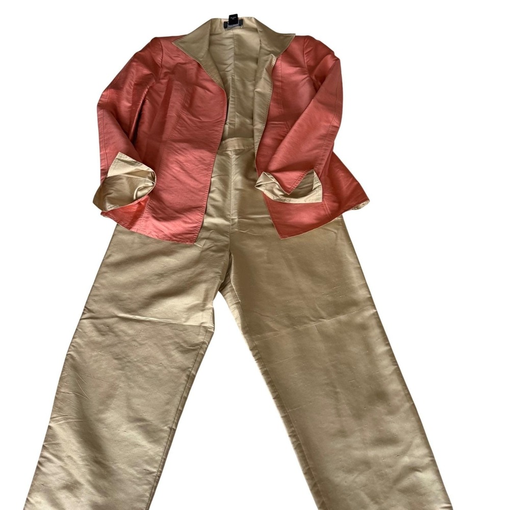 MXI 100% Silk Blazer & Pant Set Rose Pink‎ Champagne Lined Women's sz 10/m